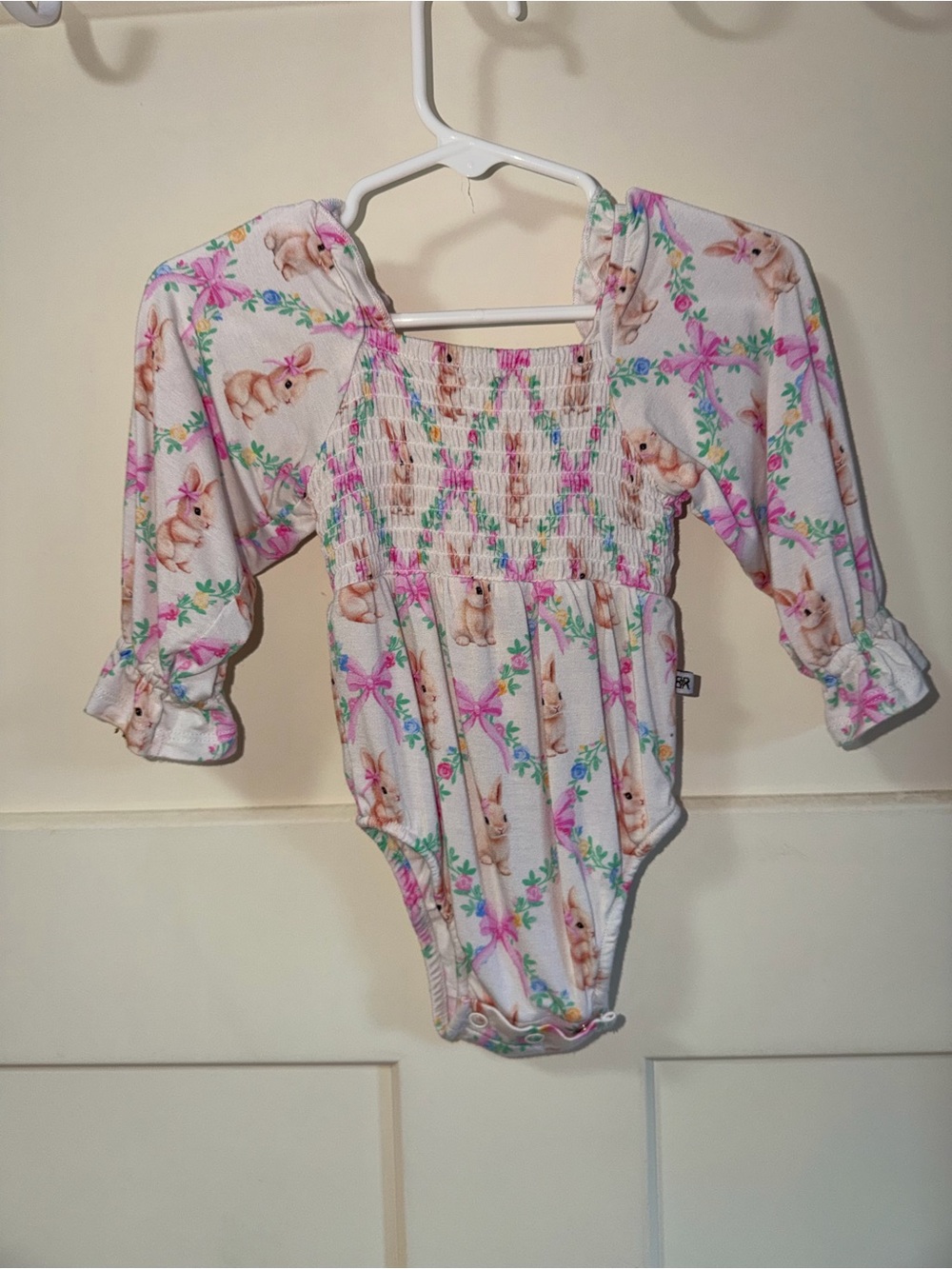 Baby One-Piece Bodysuit with Bunny & Floral Print - White/Pink